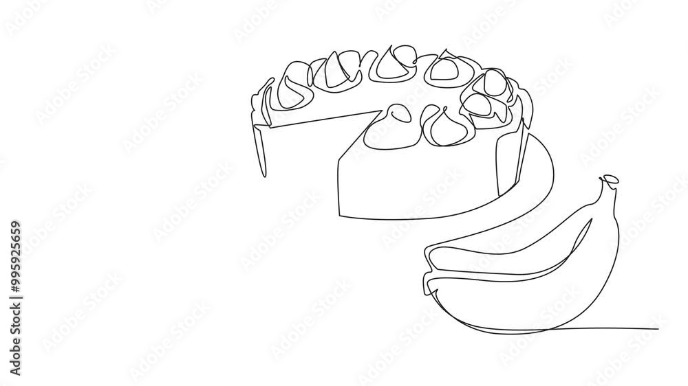 Poster animated self drawing of single line drawing banana cream pie that has been cut using a cake scoop. 