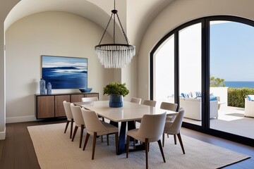 Fototapeta premium Modern Coastal Mediterranean Dining Room Design with Arched Ceiling