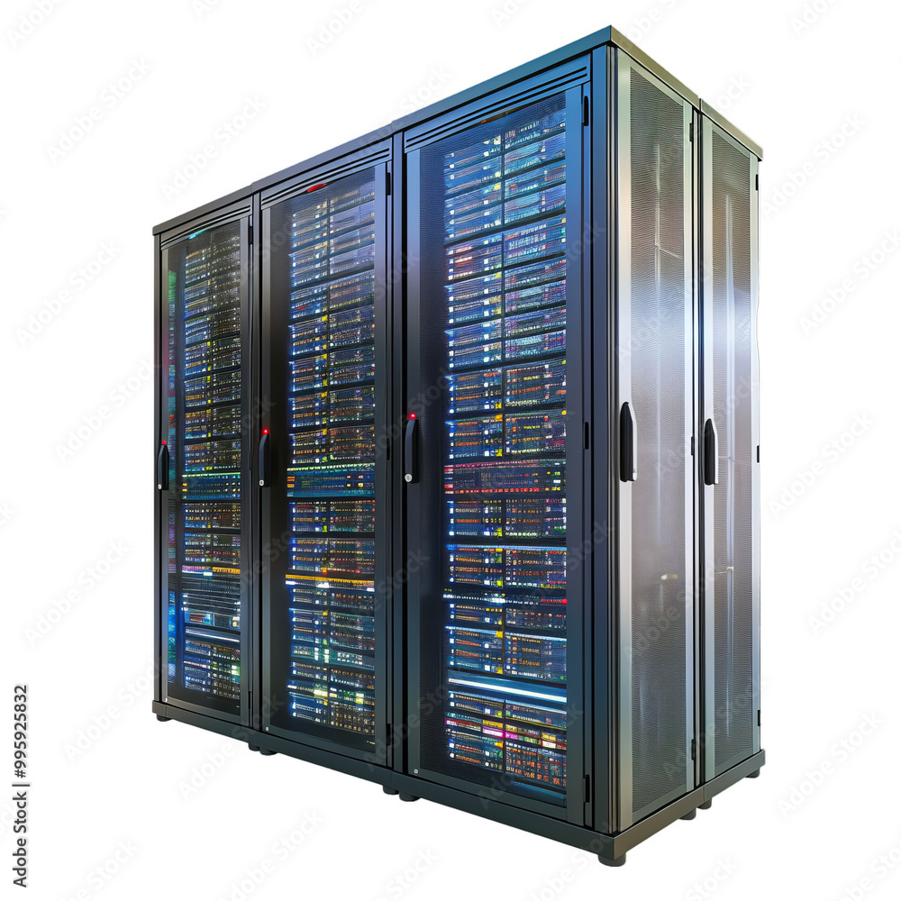 Poster server racks housing network equipment are blinking in a data center