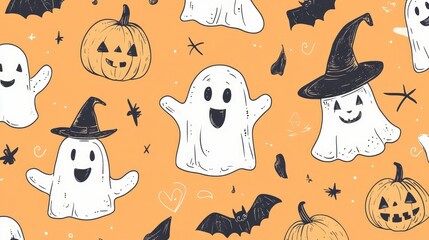A seamless Halloween doodle pattern featuring cute ghosts, pumpkins, bats, and witches' hats, hand-drawn with playful lines that bring a touch of seasonal charm.