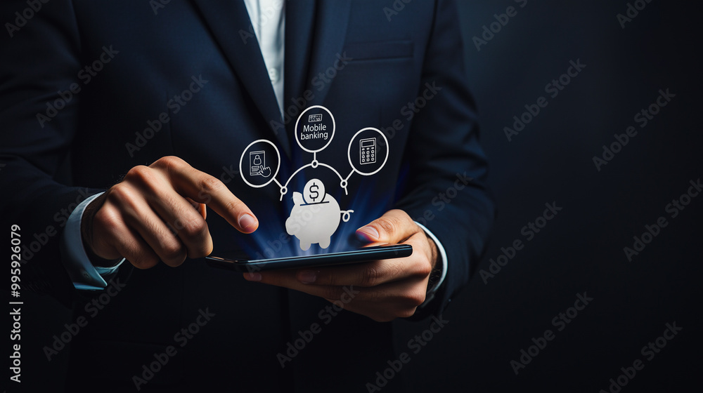 Poster a businessman uses a tablet displaying a 