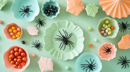A soft green Halloween table setup with pastel-colored dishes, spider-shaped napkins, and colorful candy bowls arranged for a festive feel.