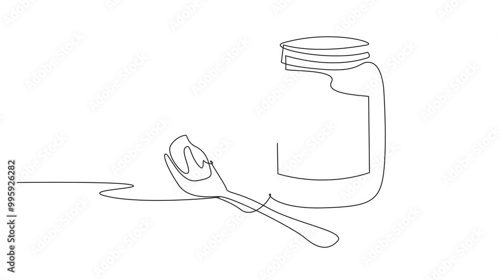 Aufkleber animation of single continuous line drawing peanut butter jar with spoon and scattered peanuts. crea