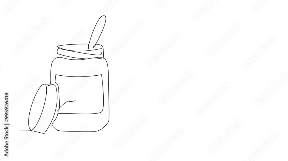 Poster self drawing animation of single line drawing a spoon in the peanut butter jar. want to spread it to