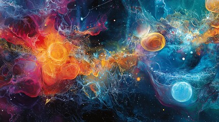 A vibrant cosmic scene featuring swirling colors of red, blue, and orange, representing the beauty of the universe and space.