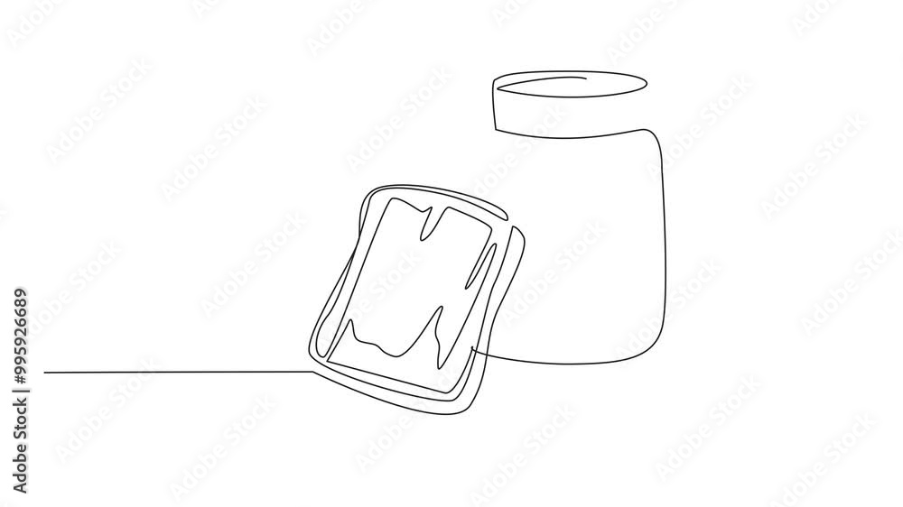 Poster animation of continuous one line drawing a piece of bread spread with peanut butter. add deliciousne