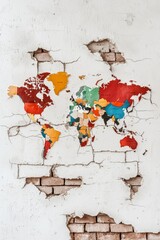 Colorful world map mural on cracked white wall, artistic and vibrant.