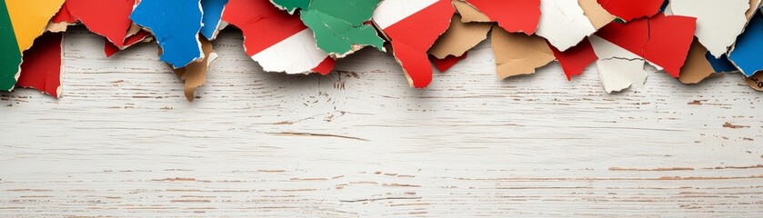 Colorful paper cutouts representing various countries on a wooden background.