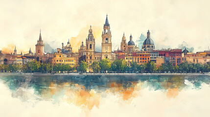 Obraz premium Zaragoza, Spain, color pen pencil hand-drawn effect drawing illustration for travel poster, card, wallpaper, backdrop or banner. Modern, clear, artistic and simple