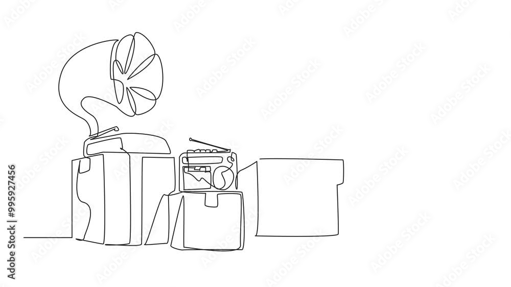 Aufkleber animated self drawing of continuous line drawing antique and classic items on cardboard. adding to t