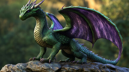 Obraz premium A realistic 3D dragon with green scales and purple wings stands on a rock, showcasing power and elegance
