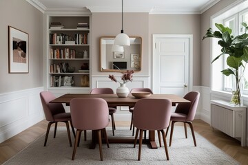 Fototapeta premium Cozy Scandinavian Living Room with Dusty Rose Chairs Walnut Dining Table and Inviting Reading Nook