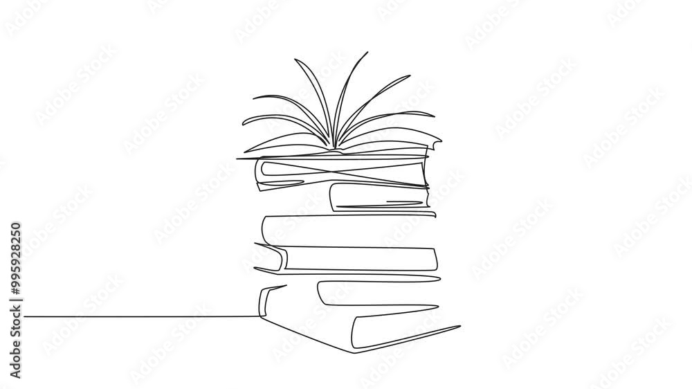 Poster self drawing animation of single continuous line drawing opening book on a pile of books. education 