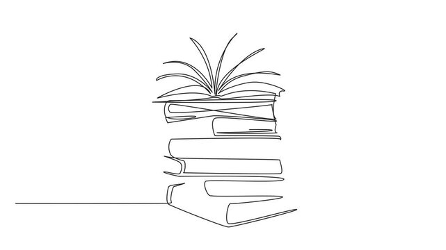 Self drawing animation of single continuous line drawing opening book on a pile of books. Education learning concept with reading. Literation. National Read Across America Day.  Full length animated