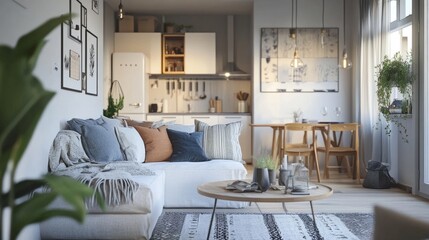 Scandinavian-style studio apartment with a compact living space, light-toned furniture, and cozy textiles.