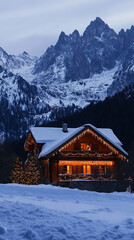 Fototapeta premium Christmas Eve in an Alpine Chalet with Mountain Views and Festive Lights