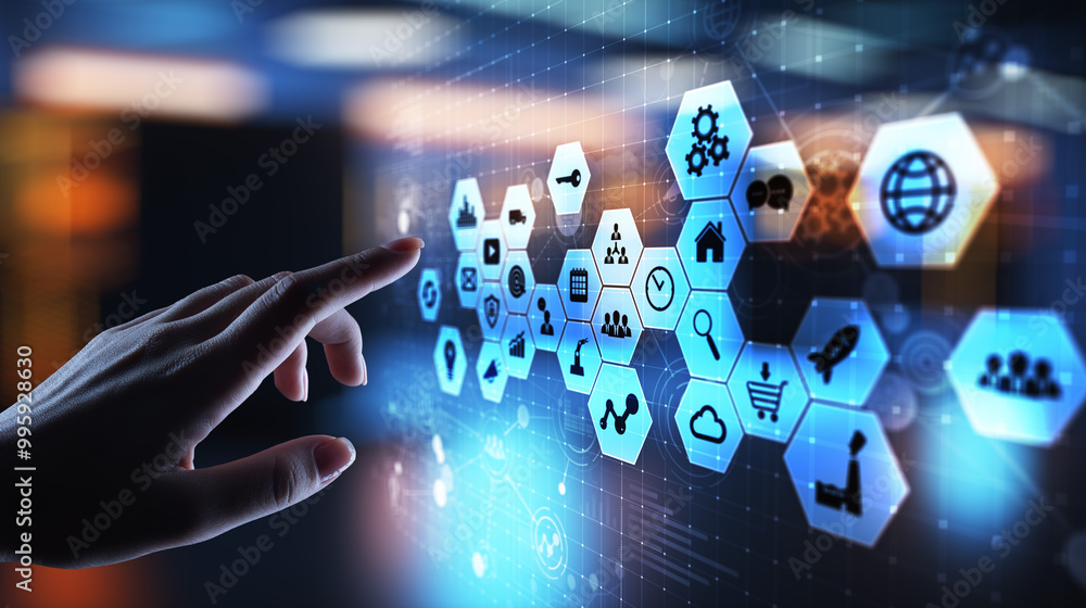 Poster mixed media, business intelligence icons on virtual screen, analysis and big data processing dashboa