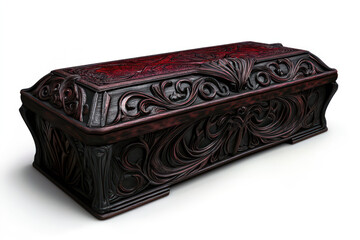 A beautifully carved wooden box with ornate designs and a glossy red lid, showcasing intricate craftsmanship and rich details.