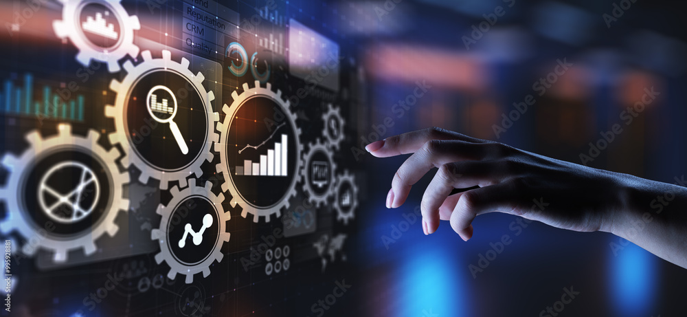 Poster big data analysis, business process analytics diagrams with gears and icons on virtual screen.