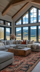 Cozy Modern Living Room with Panoramic View and Open-Plan Dining Area.