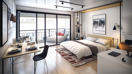 Smartly designed studio apartment living space with a cozy bed, compact desk, and a small couch in the corner.