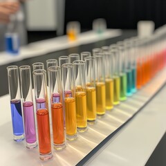 A table full of colorful test tubes with liquid, scientists in the background preparing samples
