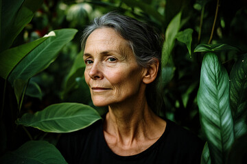 A serene portrait of an older woman surrounded by lush green foliage, her gaze relaxed and calm, highlighting the connection between humans and nature in vivid detail.