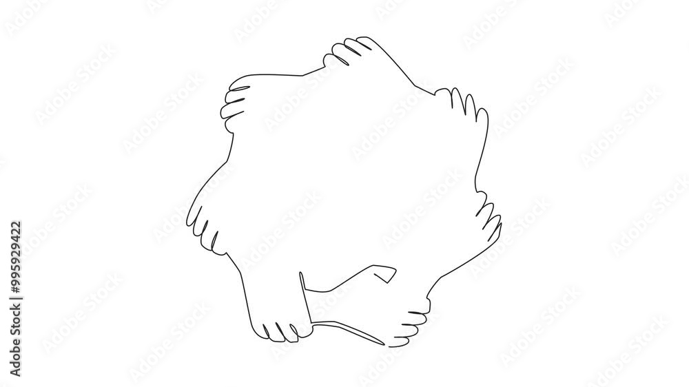 Poster animated self drawing of continuous one line drawing seven colorful hands holding each other. multi 