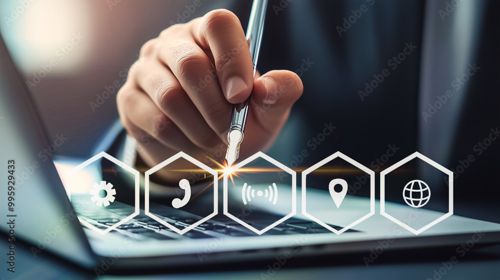 Poster a businessman uses a stylus on a laptop to interact with a virtual interface featuring icons for sec