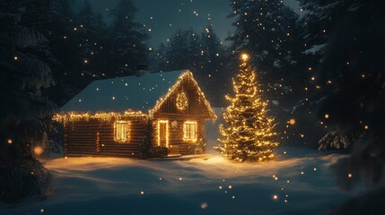 Fototapeta premium A cozy wooden cabin illuminated by soft golden lights, surrounded by fresh snow and a warmly glowing Christmas tree.