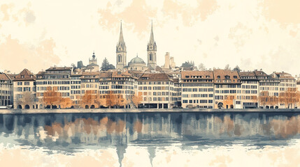 Fototapeta premium Zurich, color pen pencil hand-drawn effect drawing illustration for travel poster, card, wallpaper, backdrop or banner. Modern, clear, artistic and simple