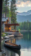 Obraz premium Peaceful Mountain Retreat with Wooded Cabin and Serene Lake Landscape at Dusk or Dawn.