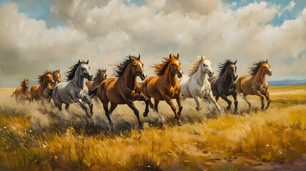 Obraz premium Herd of wild horses running through an open field