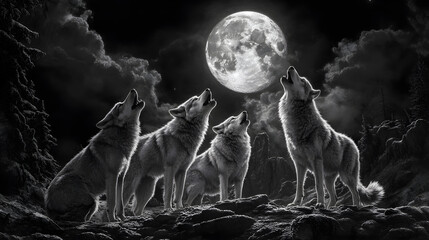 Pack of wolves howling at the full moon