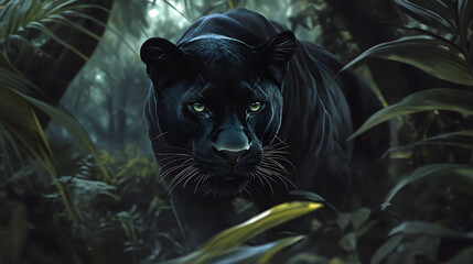 Sleek black panther stalking through dense jungle foliage