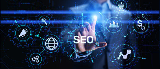 SEO - Search engine optimisation, Digital Internet marketing concept on virtual screen.