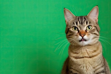 Obraz premium Playful Confused Cat on Vibrant Green Background with Funny Expression