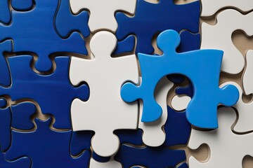 Obraz premium Completing a Blue Jigsaw Puzzle with the Last Piece: Strategy and Solutions for Business Success and Problem Solving