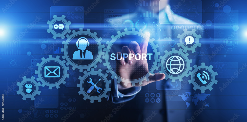 Aufkleber support button on virtual screen. customer service and communication concept.