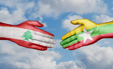 Myanmar aka Burma and Lebanon country handshaking with flags, consensus concept international co-operation illustration