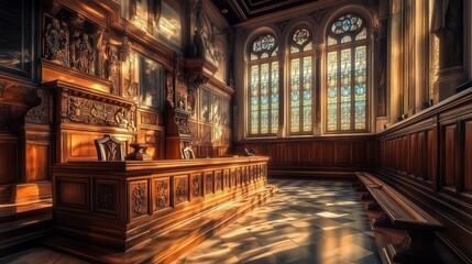 Fototapeta premium In a grand German courtroom, ornate carvings, sunlight, and justice symbols inspire a solemn atmosphere.