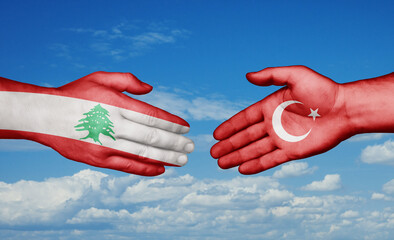 Republic of Turkey and Lebanon country handshaking with flags, consensus concept international co-operation illustration