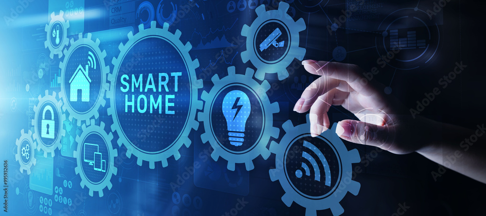 Poster smart home control panel on virtual screen. iot and automation technology concept.