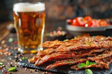 Meat jerky. Dried meat on a board.