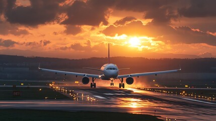 An airplane takes off on a runway as the sun sets in the background.