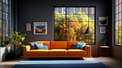 Modern Living Room with Yellow Sofa and Artwork in Soothing Gray Walls.