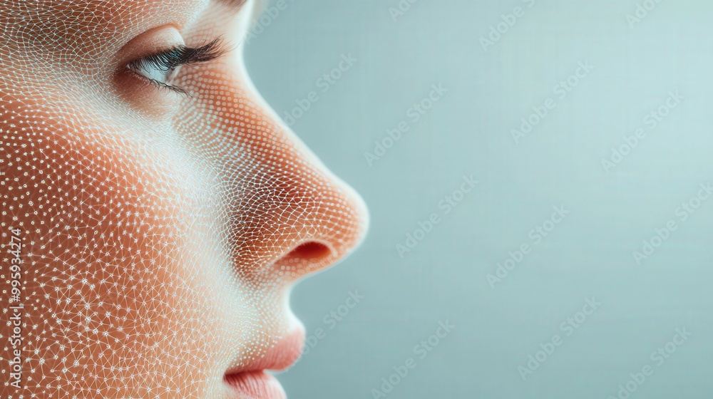 Poster captivating close-up of a face with ethereal light patterns and sound wave elements blending