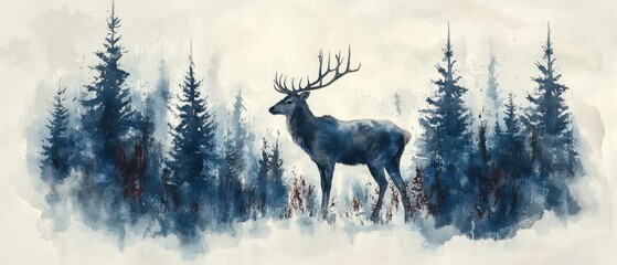 Winter Wonderland Reindeer Silhouette in Watercolor Forest Scene