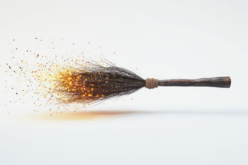 A mystical broomstick emits glowing sparks, creating a magical effect against a simple background, evoking enchanting themes of fantasy and sorcery.