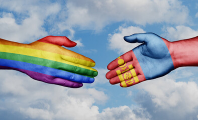 Mongolia and LGBT movement country handshaking with flags, consensus concept international co-operation illustration